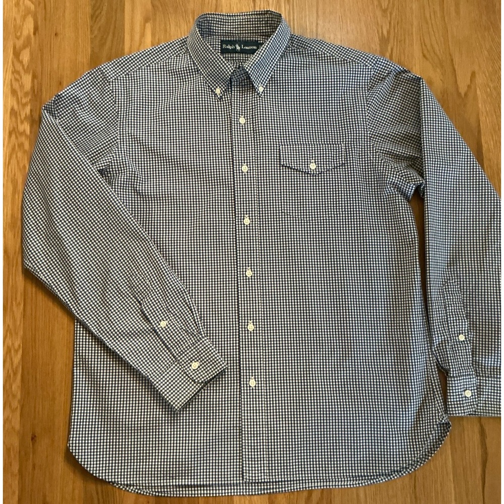 Ralph Lauren Mens Large Blue Gingham‎ Button Down Shirt Cotton Classic Fit